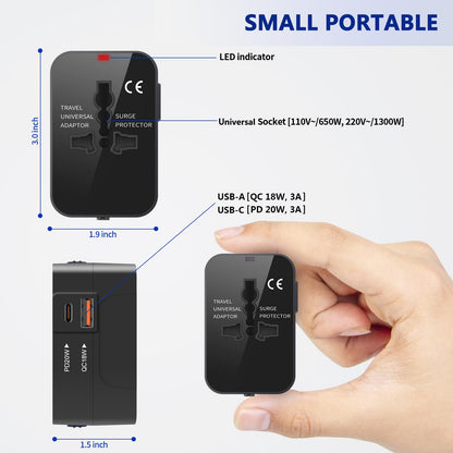 Universal Travel Adapter Worldwide, GaN Fast Charging with PD 3.0 USB-C & USB-A Quick Charge Ports, All-in-One International Power Plug Adapter Converter AC Wall Charger for Europe USA UK AUS Black