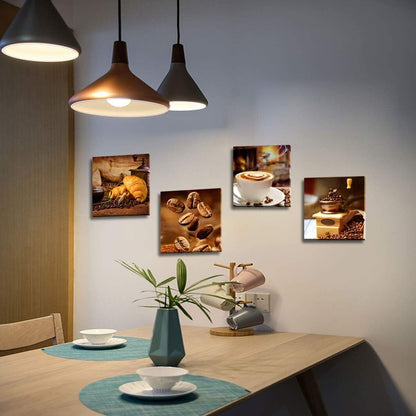 Coffee Theme Canvas Wall Art, Kitchen Decor Pictures, 4 Panel Set, Brown，Canvas wall art prints - charming images of coffee cups, croissants, coffee beans and grinders