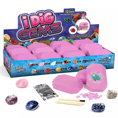Liberty Imports 12-Pack Gem Digging Kit for Kids - Exciting Gemstone Mining Adventure - Educational STEM Crystal and Mineral Excavation – Party Favor Science Toys