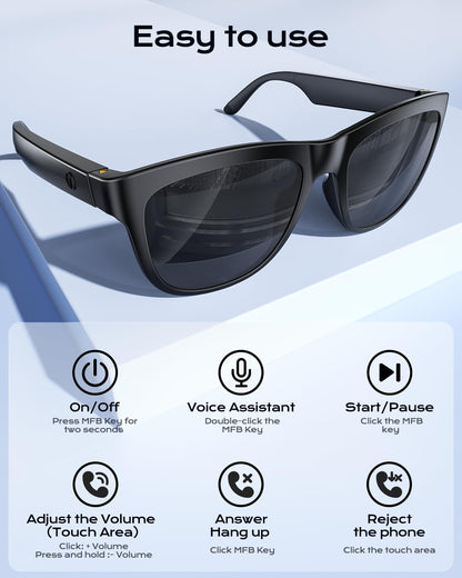 Smart Bluetooth Glasses,Built-in Mic & Speakers,Smart Wireless Headphone Sunglasses for Men and Women,Athletic/Outdoor UV Protection and Voice Control,Unisex(Black)