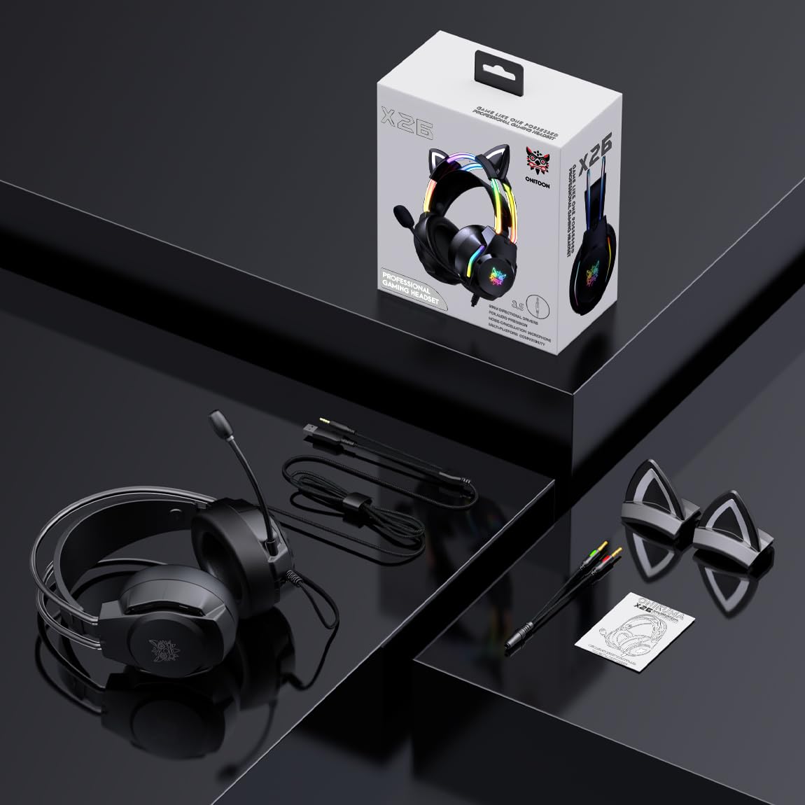 ONITOON Gaming Headset with Microphone, Cat Ear Headphones for PC Laptop PS4 PS5 Xbox Switch, Rainbow RGB Lighting & Virtual Surround Sound, 3.5mm Wired Over Ear Headphones, Ergonomic