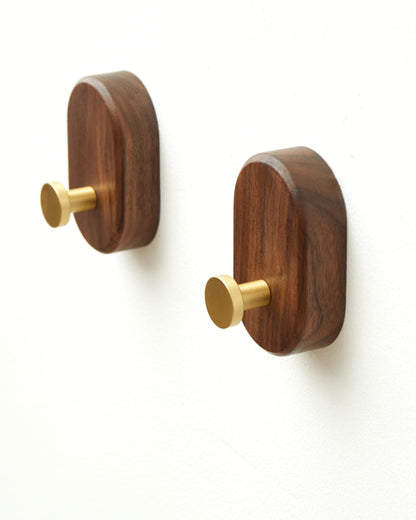 Wood Coat Hooks Wall Mount - Modern Walnut Coat Hook with Bronze Accent for Hanging Clothes,Keys,Purse,Robes,Towel,Backpacks, Single Brass Wall Hooks Heavy Duty for Entryway, Closet, Bathroom (2 Pack)