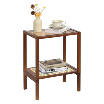 Mordchil HF 2-Tier Bamboo Side Table, Modern Glasstop Rattan Side Table, Mid Century Wood Sofa-Side End Tables for Living Room, Bedroom Night Stand with Storage, Small Narrow Coffee Tables, Walnut