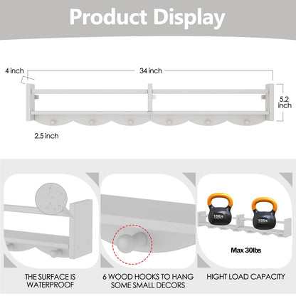 ECOOCE 34Inch Nursery Bookshelves,Set of 4,Wall Floating Shelf Kids Coat Rack with 6Hooks,Hanging Book Shelf for Baby Nursery Room Décor ，Patent Number: 29958098(White, 34)