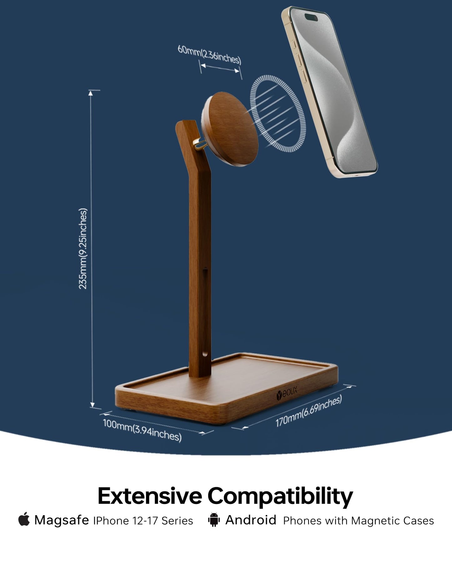 YEOUX Premium Magnetic Phone Holder for Desk | Solid Walnut Wood | 360° Free Adjustable | MagSafe Compatible, for iPhone 17 16 15 14, Stylish Desk Accessory