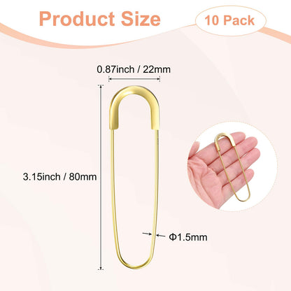 M METERXITY 10-Pack Large Safety Pin, 3.15 in(80mm) Zinc Alloy Heavy Brooch Pin for Sewing Clothes/Costume/Skirts Garments/Craft Supplies, Decorative Safety Pins [Gold Tone]