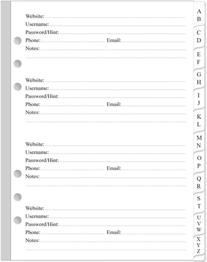 Password Book Refills for A5 Binder - A-Z Password Notebook Refill Paper with Alphabetical Tabs, 120gsm White Paper, 6-Hole Punehed, 5.8" x 8.3"