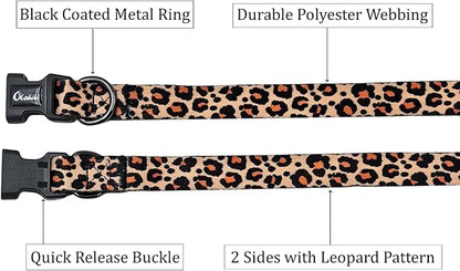 Dog Collar Leash Set, Leopard Pattern, Polyester Material, Adjustable Collar and 5ft Matching Leash, for Medium Dogs.(M, Yellow Leopard)