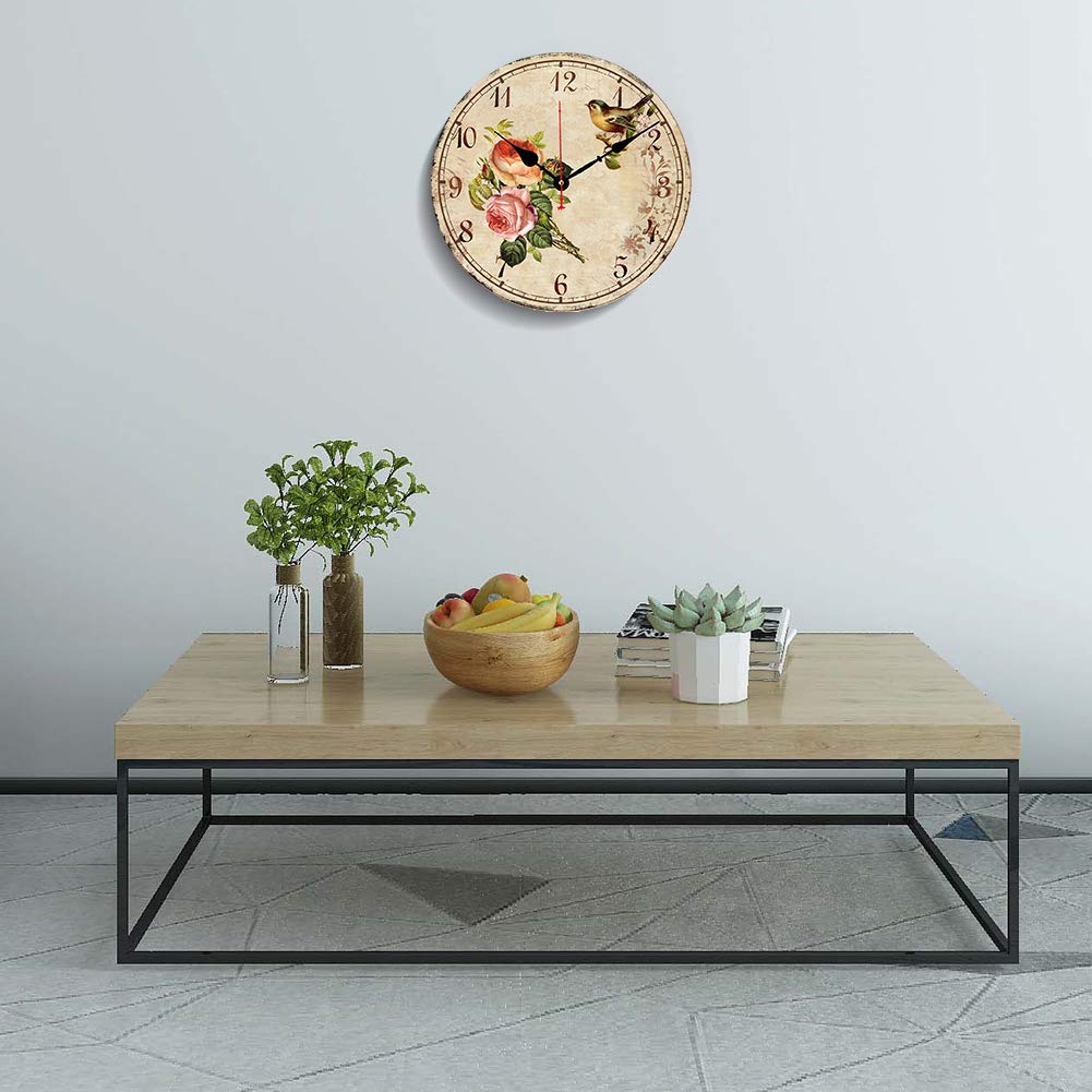 BERYART 14 Inch Silent Non-Ticking Wall Clock, Big Arabic Numerals Wall Clocks, Wooden Round Clock, Battery Operated Home Decor Hanging Clocks, Bird on Flower Pattern Clock …