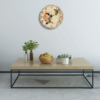 BERYART 14 Inch Silent Non-Ticking Wall Clock, Big Arabic Numerals Wall Clocks, Wooden Round Clock, Battery Operated Home Decor Hanging Clocks, Bird on Flower Pattern Clock …