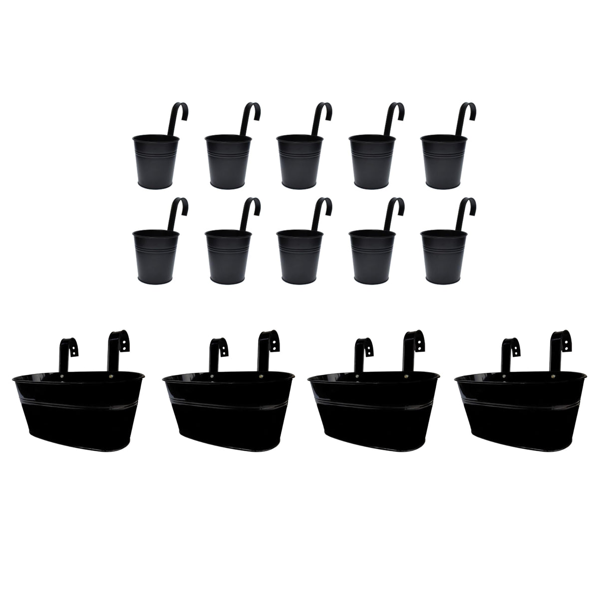 LaLaGreen Bundle - 10 Pack, 6 Inch Black + 4 Pack, 11.2 Inch Black Metal Pots,Large Iron Fence Bucket Plant Flower Herb Planter Box Balcony Rail Window Patio Porch Hook Decor Outdoor Farmhouse Design