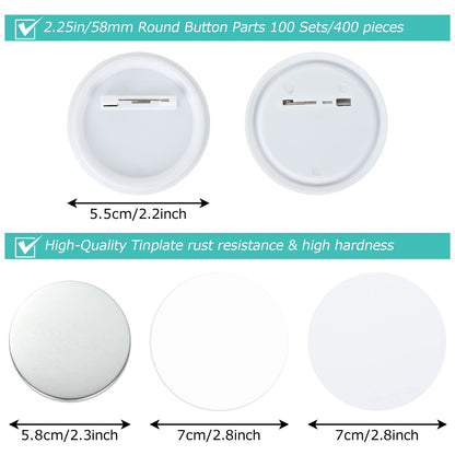 LISHINE 400 Pcs 58mm/2.25in Button Maker Supplies - Round Badge Button Parts, Includes Plastic & Metal Covers, Clear Film, Blank Paper