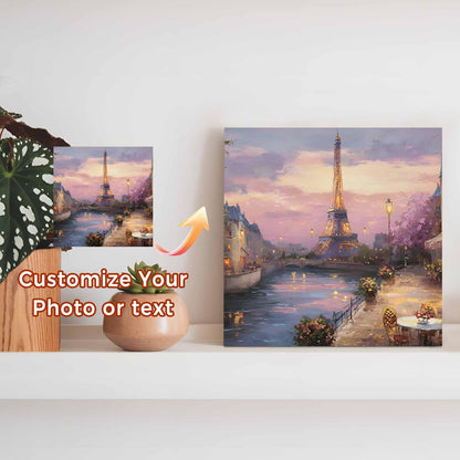 Eiffel Tower Wood Box Sign Desk Decor, Modern Purple Sunset Bridge River Night View Decorative Wooden Block Box Sign Decorations for Home Office Shelf Table Decor 6x6 Inches