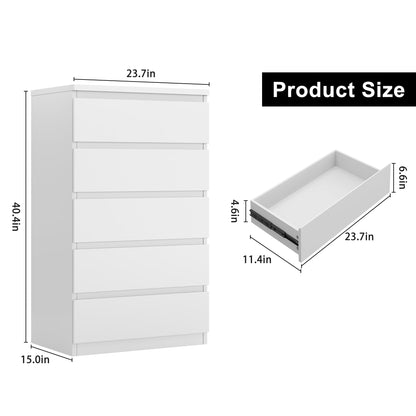Jocoevol White 5 Drawer Dresser for Bedroom, 15" D x 23.7" W x 40.4" H in Simply Modern Chest of Drawers, Wood Storage Dresser with Deep Drawers for Living Room Hallway Entryway, White