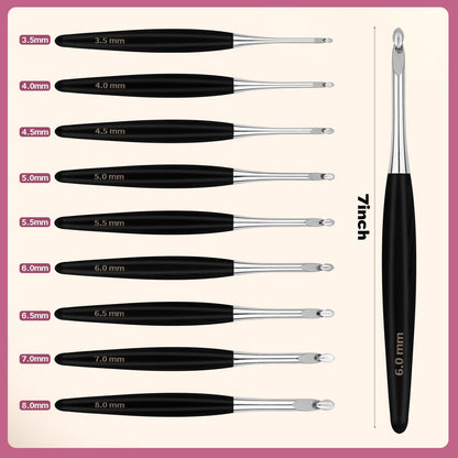 WAZAIGUR Wooden Handle Inline Ergonomic Crochet Hooks Set, 9 Sizes 3.5mm-8mm, Black Crochet Hooks for Arthritic Hands