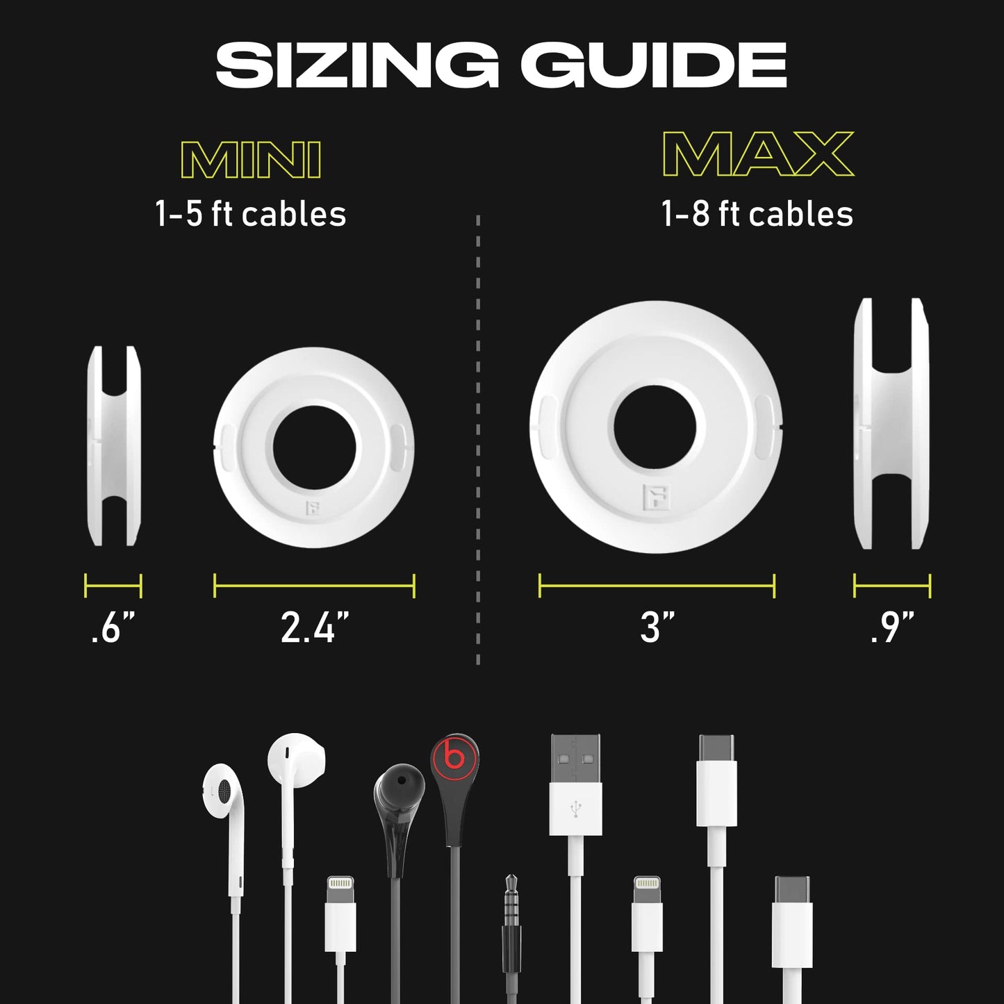 Side Winder Mini and Max Headphone, Earbud and Charging Cable Winder and Organizer Perfect for Wrapping Earbuds and Cords for Travel and Organization 2-Pack (Black, Max)