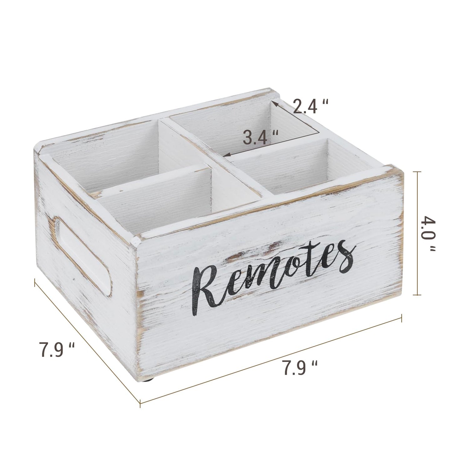MyGift Wood Remote Control Holder Organizer with 4 Compartments, Media Remote Caddy Storage with Cursive REMOTES Design, Whitewashed