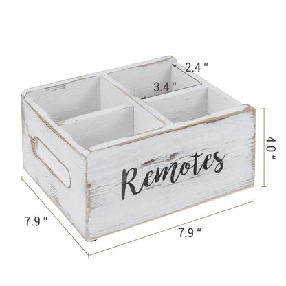 MyGift Wood Remote Control Holder Organizer with 4 Compartments, Media Remote Caddy Storage with Cursive REMOTES Design, Whitewashed