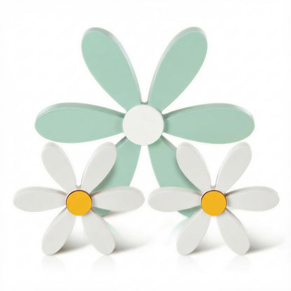 FAJYAZ Spring Decor 3 Piece Wooden Flowers Boho Daisy Decor Handcrafted Shelf Sitters Tabletop Spring Flower Decor for Tiered Tray Home Office Kitchen Living Room Bedroom