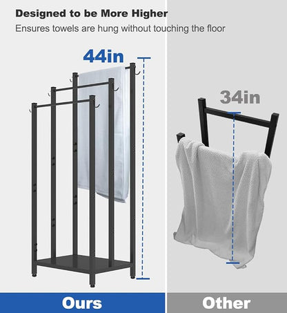 44 Inch Tall Free Standing Towel Rack with Metal Storage Shelf & 6 Hooks for Bathroom, 3 Tiers Heavy Duty Blanket Drying Stand Holder for Outdoor Pool, Bedroom, Living Room, Black