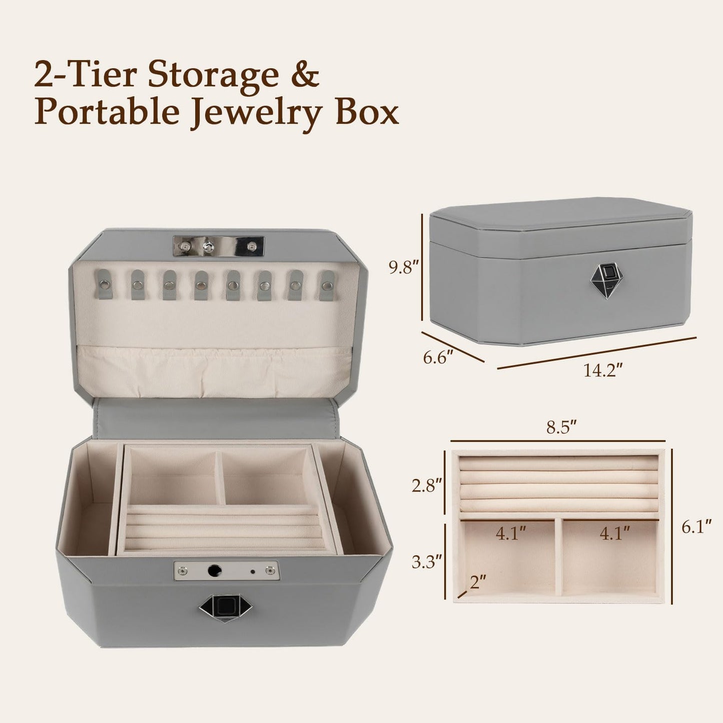 XPEDITION Biometric Fingerprint Lock Jewelry Safe Box Leather-Wrapped Two-Tier Jewelry Box with Quick Access & Keyless Entry, Steel-Reinforced Construction, Perfect for Home Use