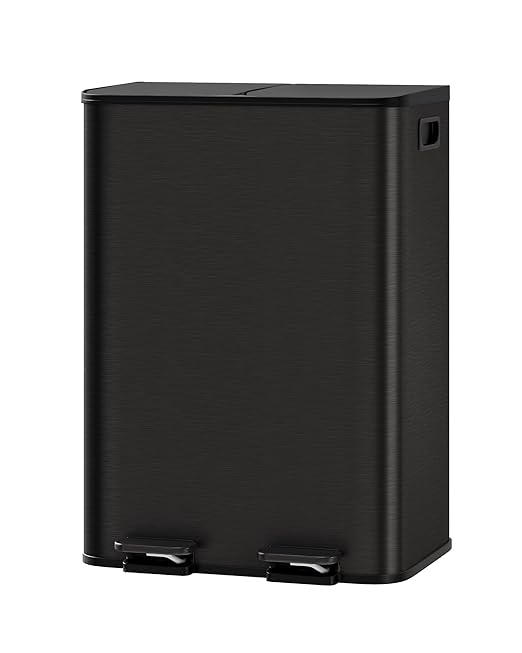GarveeHome 2 x 8 gal Stainless Steel Double Trash Can with Lid for Kitchen, Large Dual Trash and Recycle Bin Combo, Step-on Kitchen Metal Garbage Cans, PP Inner Buckets, Liner Rim, Matte Black