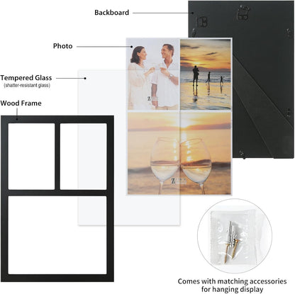 UMICAL Collage Picture Frame for 8x10 and 2 5x7 Pictures Display with Shatter-Resistant Glass & Black Wood 3-Openings Photo Frames Made for Tabletop Stand and Wall Mounting