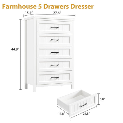 Jocoevol 5 Drawer Dresser for Bedroom - Farmhouse 44.9" Tall Chest of Dresser with Large Storage, Rubst Wood Construction for Living Room, Hallway & Entryway - White