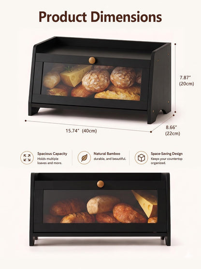 Plusinthebox Black Bread Box for Kitchen Countertop, Large Capacity Wooden Bread Storage Container, Modern Kitchen Bread Keeper for Pantry, Counter and Coffee Bar Organization