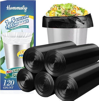 1.5 Gallon 120 pcs Small Black Trash Bags, Strong 1.3 Gallon 1.5 Gallon 1.6