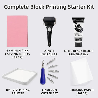 Falling in Art Linocut Kit for Printmaking, Rubber Block Stamp Printing Kit with Linoleum Blocks, Ink Paint and Brayer, DIY Carving Gift for Beginners and Artists