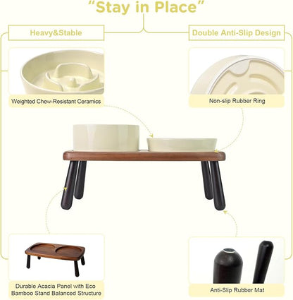 SPUNKYJUNKY Ceramic Elevated Dog Bowls with Slow Feeder Raised with Acacia Bamboo Wooden Stand, 6.1'' Dog and Cat Food Water Bowls Set Non-Slip for Small Medium Sized Breed - Beige
