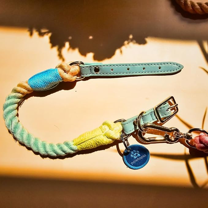 Pawtopia Cotton Braided Rope Collar for Medium Dogs, Vegan Leather Handle (Light Blue) with One Complimentary Roll of Dog Poop Bags (15 Bags), Durable Metal Buckle (Soft Rainbow Color, Medium)