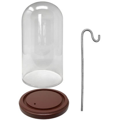 Clear Glass Dome with Hook & Wooden Base – 7.25" H x 4.875" W Cloche Display Case – Hanging Glass Bell Jar for Figurines, Ornaments, Jewelry & Collectibles – 4.5" Interior Hanging Height