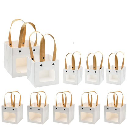 Echoed Elegance Kraft Paper Bags with Nylon Handles and Clear Window, 10 Pieces, 2 Styles, Square Gift and Shopping Bags for Retail, Party, Wedding, Craft Packaging (White)