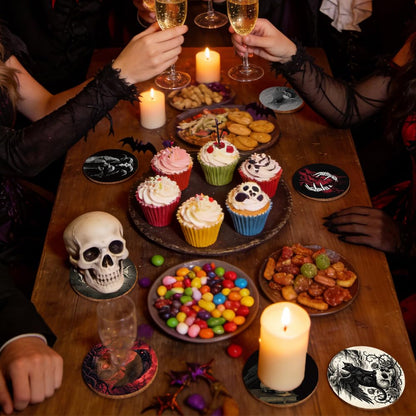 SUPERDANT 9 pcs Gothic Wood Coasters Set Skull Raven Black Cat Design Easy Clean Halloween Housewarming Gift for Bar Kitchen 10x10cm