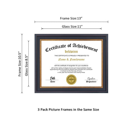 DEKWINN 8.5x11 Diploma Frames Certificate Document Frame Set of 3 with Real Glass, Diploma Frame for Wall Gallery or Tabletop display, Black Gold Molding,Without Mat
