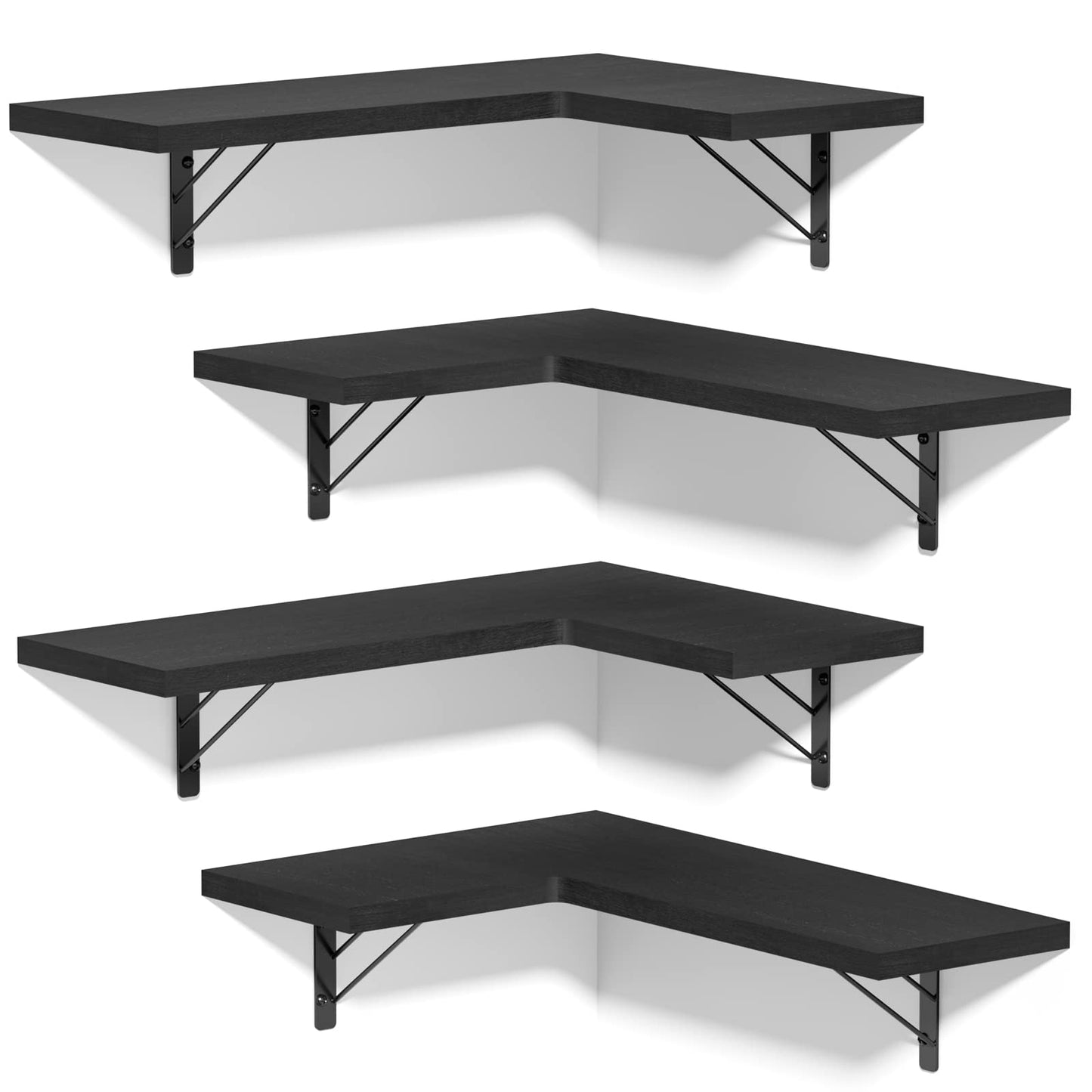 Love-KANKEI Corner Shelf Wall Mounted,Floating Wall Shelves for Storage,Rustic Wood Hanging Shelves for Display,Bathroom Kitchen Bedroom Living Room,Set of 4,Black
