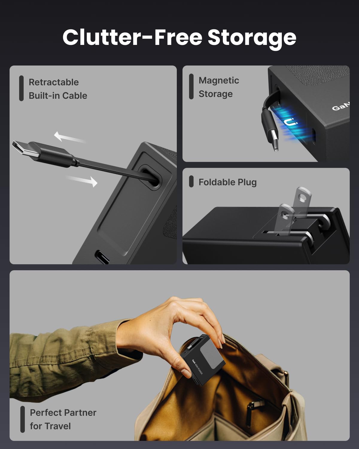 Gitryin 1 Micro USB, 1 Lightning, 4 Type-C Retractable Wall Chargers and 1 Power Strip, Desktop Modular Charging Station