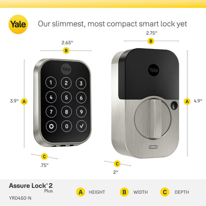 Yale Security Assure Lock 2 Plus Apple Home Keys (Tap to Open) Deadbolt, Satin Nickel Smart Keyless Entry Door Lock with Wi-Fi Connected Keypad for Code Entry and Remote Access, YRD450-N-WF1-619