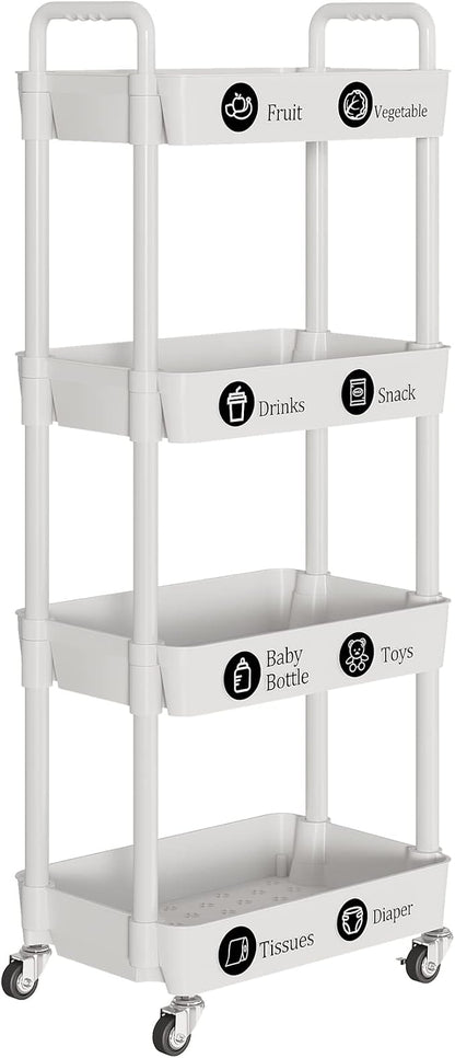 Laiensia 4-Tier Storage Carts,Multifunction Utility Rolling Cart Kitchen Storage Organizer,Mobile Shelving Unit Cart with Lockable Wheels for Bathroom,Laundry,Living Room,With Classified Sticker,White