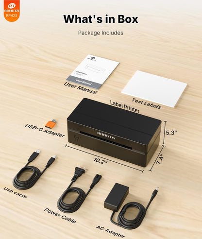 Rongta Bluetooth Thermal Shipping Label Printer, Wireless 4x6 Label Printer for Shipping Packages&Small Business, Compatible Windows/Mac/Android/iOS, Support USPS, UPS, Etsy, Shopify, RP425