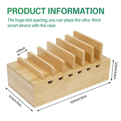 LEOKKARR Bamboo Charging Station for Multiple Devices, Desk Docking Stations Organizer Compatible with iPhone Devices, Wood Charging Cell Phone Holder Stand (Includes 6 Cables) (NO Power Supply)