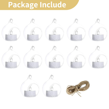NUPTIO Hanging Glass Globe with Candles: Set of 12 Tealight Candle Holders with LED Tea Lights - 2.36 inch Bulk Clear Votive Candleholders for Party Wedding Birthday Shower Celebration Tree Decoration