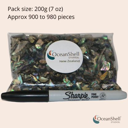 Abalone (Pāua) Shell Pieces-7.05oz Pack-for Crafts, Jewelry Making, Resin Art, Inlay, Home Decorations, Fishtank Supplies, DIY Projects - Satin, X-Fines Size 0.07"- 0.19" (2-5 mm) 7.05oz (200grams)