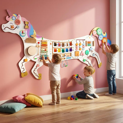 5FT Large Unicorn Activity Wall Busy Board Panels Wooden Learning Activity Center Montessori Sensory Wall Panel for Kids Interactive Educational Toy for Playroom Daycare Nursery Classroom Decor Gift