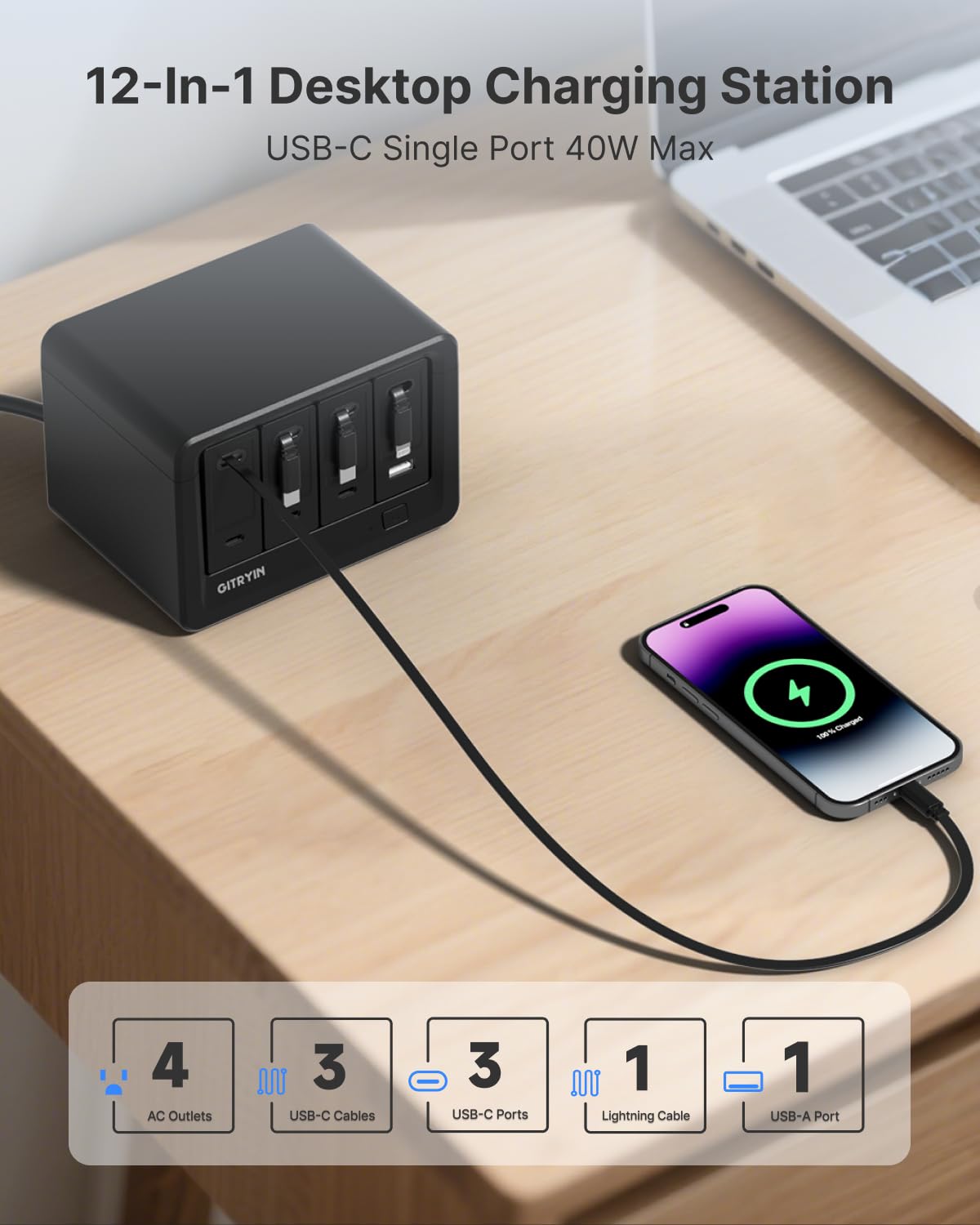 Gitryin 12-in-1 Desktop Charging Station with 3 Retractable Type-C Chargers and 1 Lightning Charger, 160W USB-C Charging Hub with 33.5in Cable, 4 AC, 1 USB A Port, 3 USB C Ports