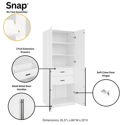 Manhattan Comfort Lee Freestanding Closet | Space-Saving Storage Cabinet with 4 Shelves, 1 Hanging Rod, 2 Drawers, 3 Shoe Shelves & 1 Large Storage Area | No Tool Assembly, 2 Piece Set, White