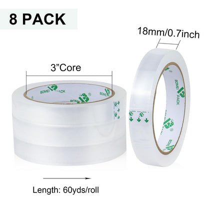BOMEI PACK 8Rolls Clear Tape Refills for Dispenser, Transparent Gift Wrap Tape 3inch Core for Home, Office, 3/4inch x 60yds