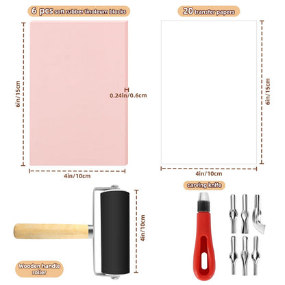 Oopsu Linocut Printmaking Kit - 6 PCS 4"x6" Soft Rubber Linoleum Blocks, Brayer & Carving Tools | Block Printing & Stamp Making Supplies for Beginners, Hobbyists & Artists